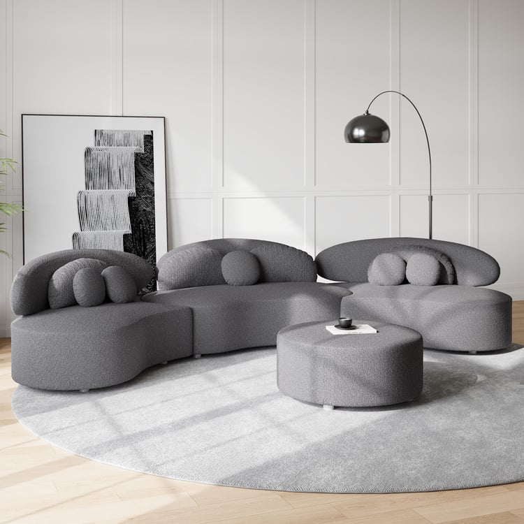 Tissu & Couleur:Bouclé Gris Foncé | Configuration:3 Chaises Sans Accoudoirs + Pouf