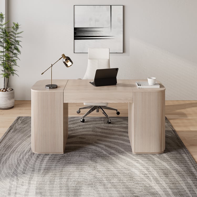 デスク　アイボリー Modern Wash White Standing Desk with 2 Doors & Storage, Height