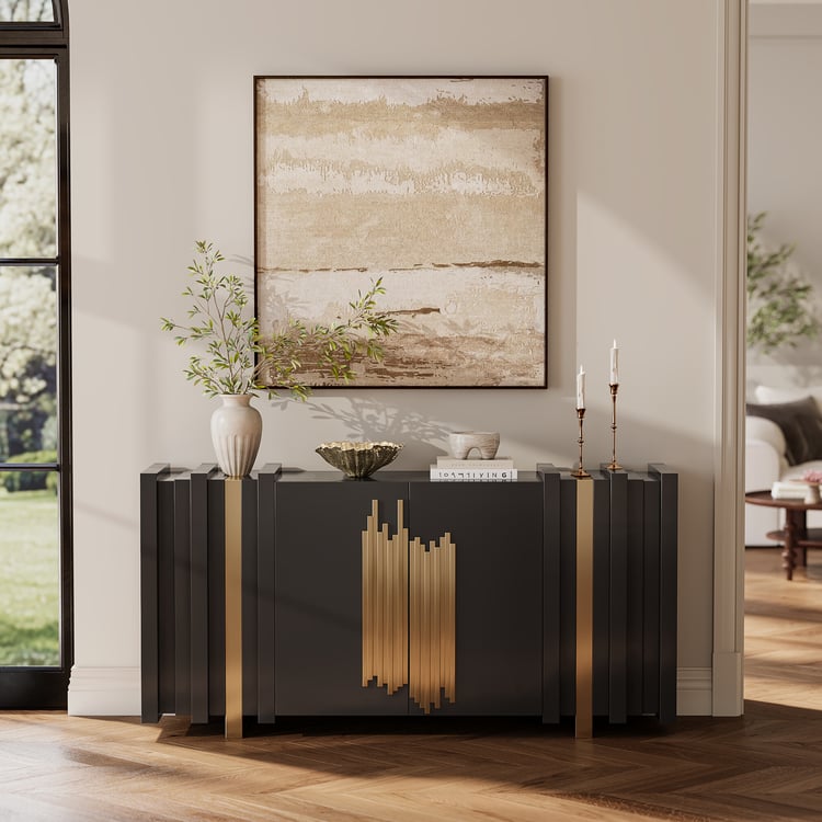 Aurea 63" Black Wood Sideboard Buffet Cabinet with 2 Doors 2 Shelves