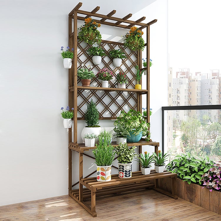 Wood Flower Rack Standing Shelf Flower Pot Holder for Garden Porch Floor Homary