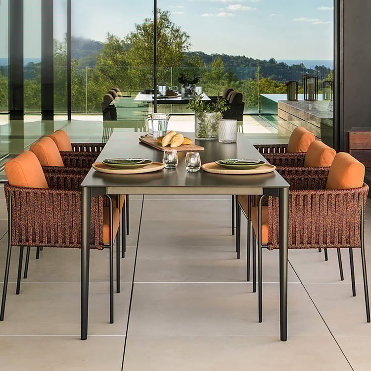 7-Pieces Outdoor Dining Set with Glass Top Table and Rope Woven