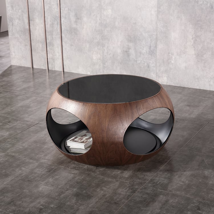 Round Coffee Table with Storage Tempered Glass Top & Walnut Veneer Base ...