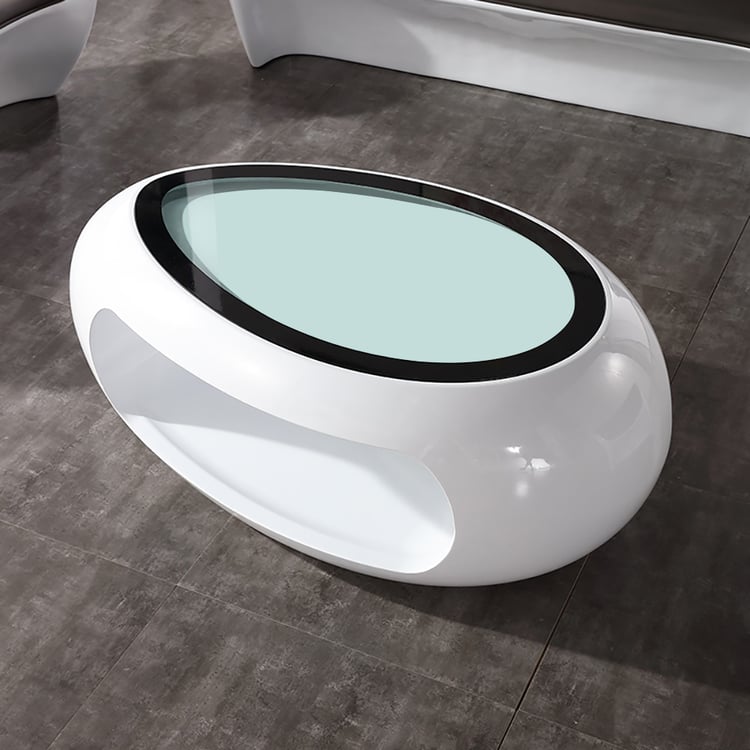 Oval Tempered Glass Coffee Table with Storage in FRP in White | Homary UK