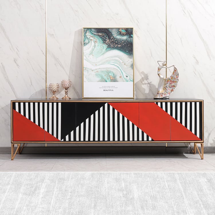 Postmodern TV Stand Painted Geometric Mosaic 6-Door 3-Shelf Media
