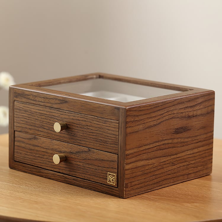 Modern Wooden Jewelry Box Desk Organizer with Drawers Glass Top