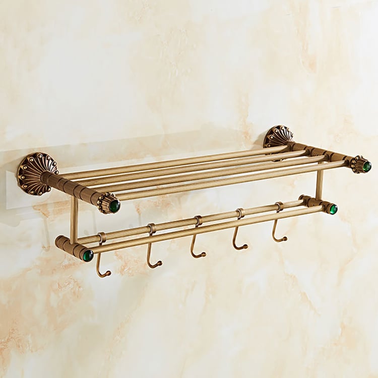 Vintage Brushed Gold Towel Bar Bathroom Towel Shelf with Hooks｜Homary UK