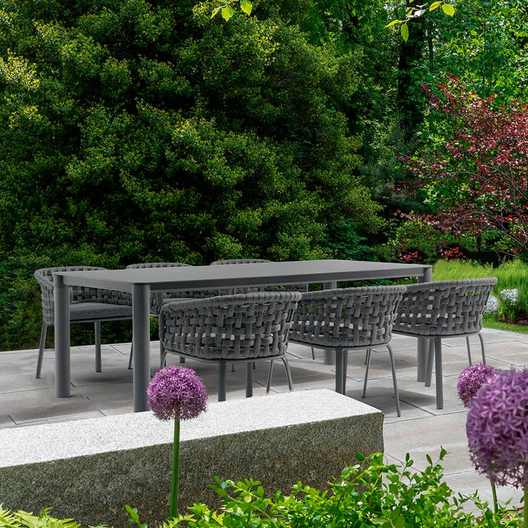 7-Pieces Outdoor Dining Set with Rope Woven Chairs and Glass-top