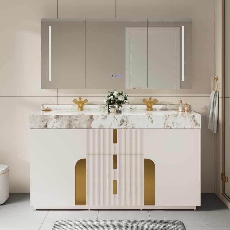 Meuble-lavabo double flottant Artis de 60 pouces avec évier, plan de travail en pierre frittée, grand espace de rangement