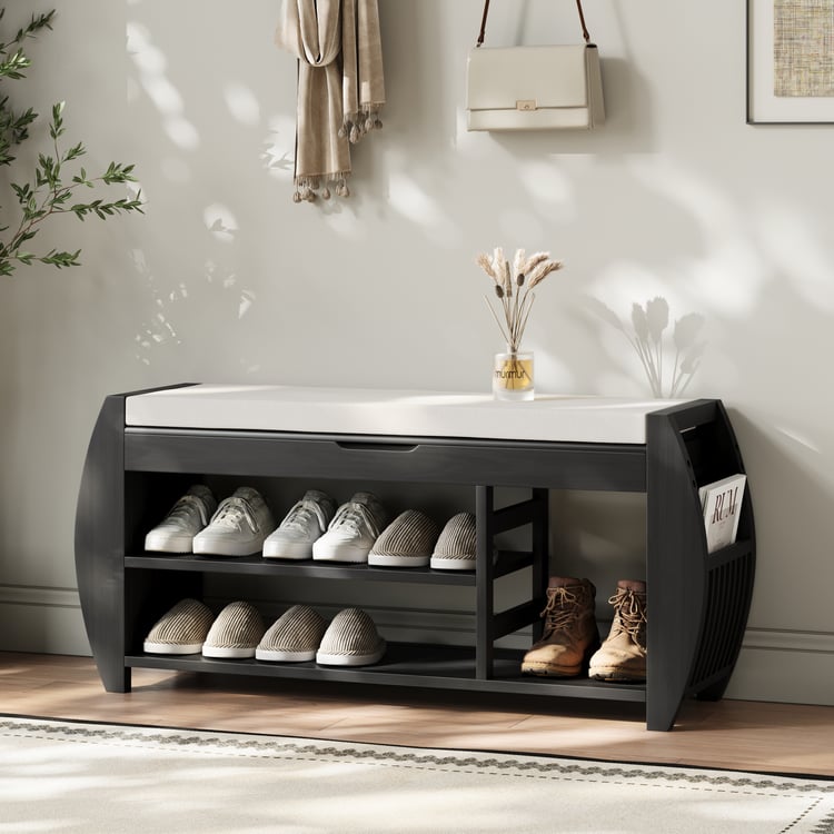 40'' Solid Wood Black Shoe Storage Entryway Bench with Shoe Rack