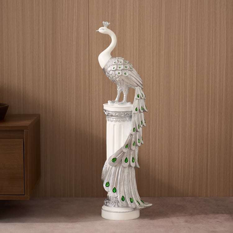 Statue de paon argentée de 70cm avec accents de diamants – Sculpture de paon de luxe en résine