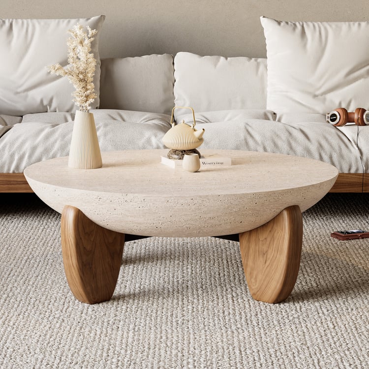 Curva 94 cm runder Beton-Nussbaum-Couchtisch mit Holzbeinen｜Homary DE