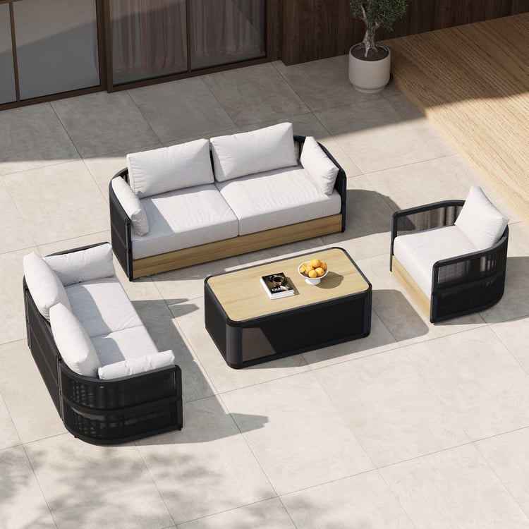 Ensemble salon de jardin 4 pièces noir pour 6 personnes, en corde tressée avec fauteuil pivotant