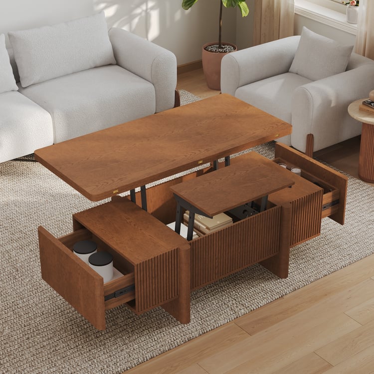 Table basse Lineva 119 cm en noyer cannelé avec plateau relevable et 2 tiroirs