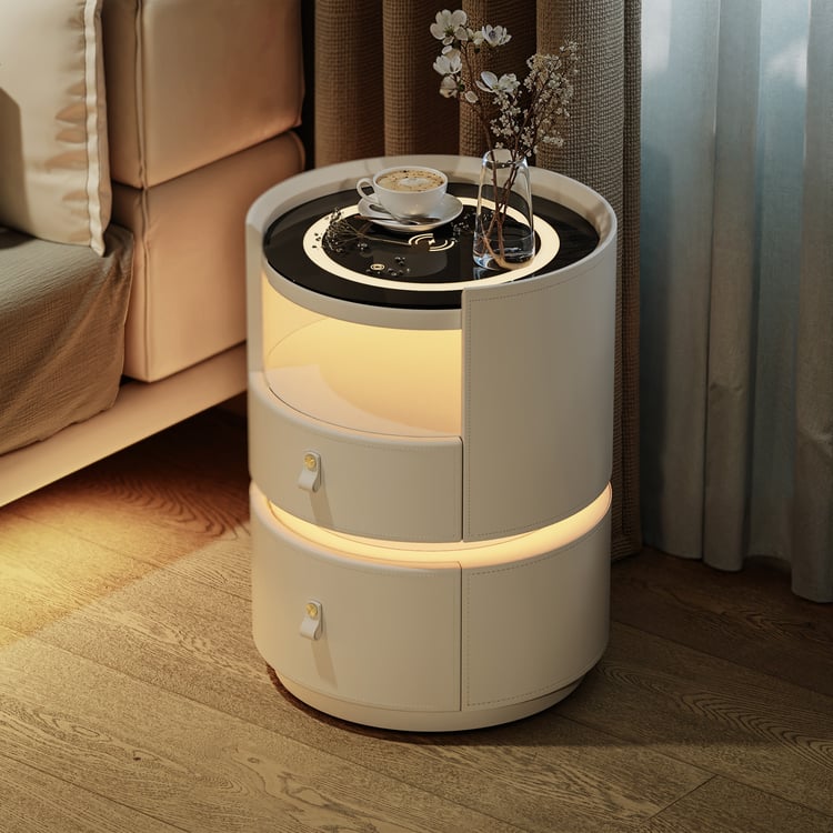 Moderner Nachttisch aus Sattelleder mit intelligenter LED-Beleuchtung und Ladefunktion｜Homary DE