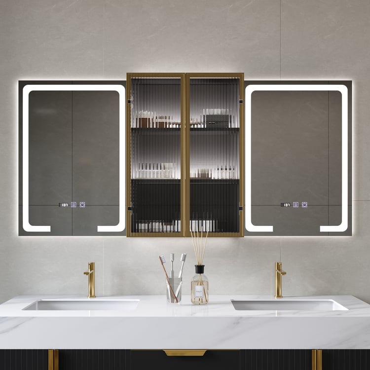59" Black LED Mirror Cabinet with Centre Storage, 3-Colour Dimmable & Defogger