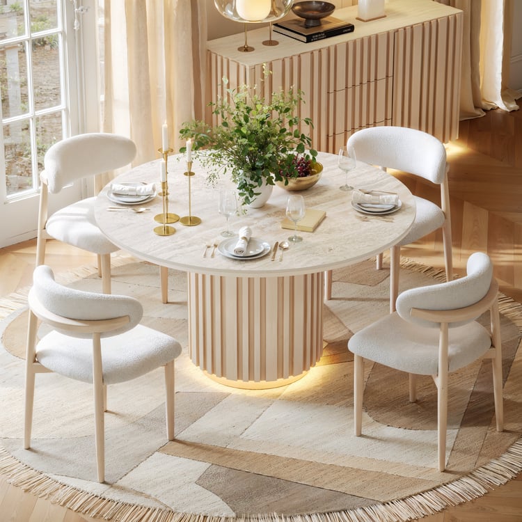 Table à manger ronde Aura de 119 cm en pierre frittée imitation travertin blanchie, base cannelée, 4 places