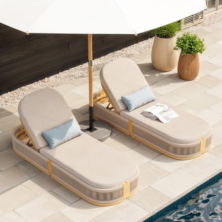 Costra Outdoor Aluminium & Rope Weave Reclining Chaise Lounge in Ivory, Set of 2