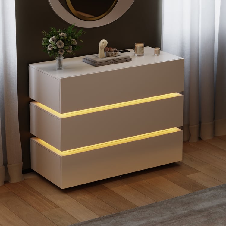 Commode Lumio 100 cm blanche avec LED, 3 tiroirs et station de charge