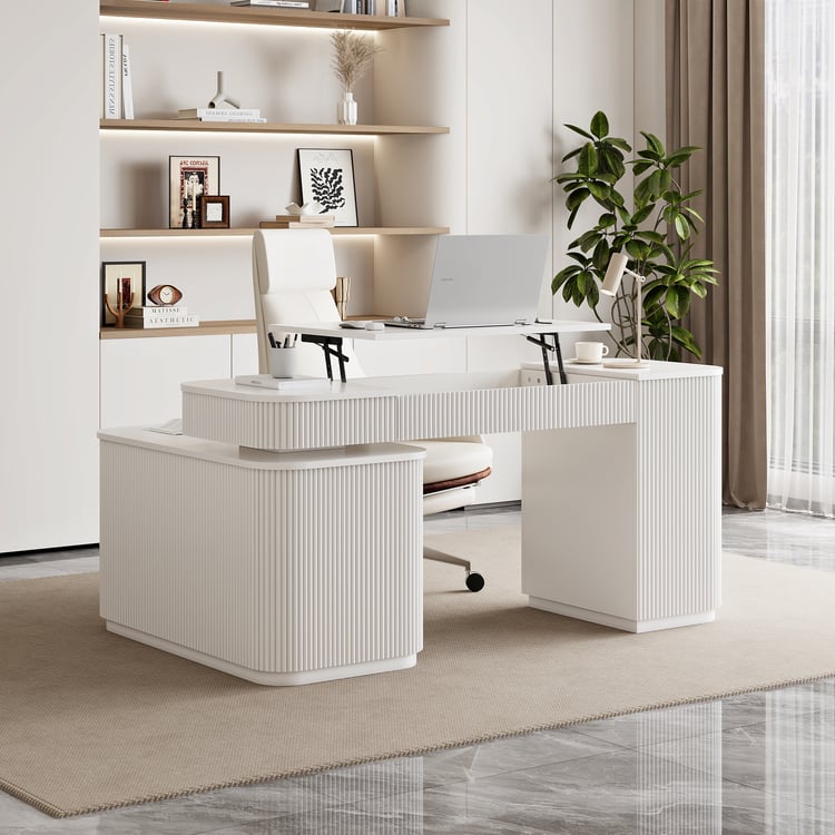 Bureau de direction blanc en L Velign de 65 po avec armoire latérale droite