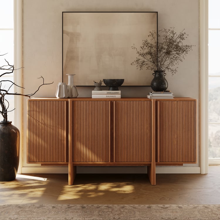 Bahut Lineva Mid Century 162,56 cm en bois de noyer cannelé avec rangement et étagères réglables