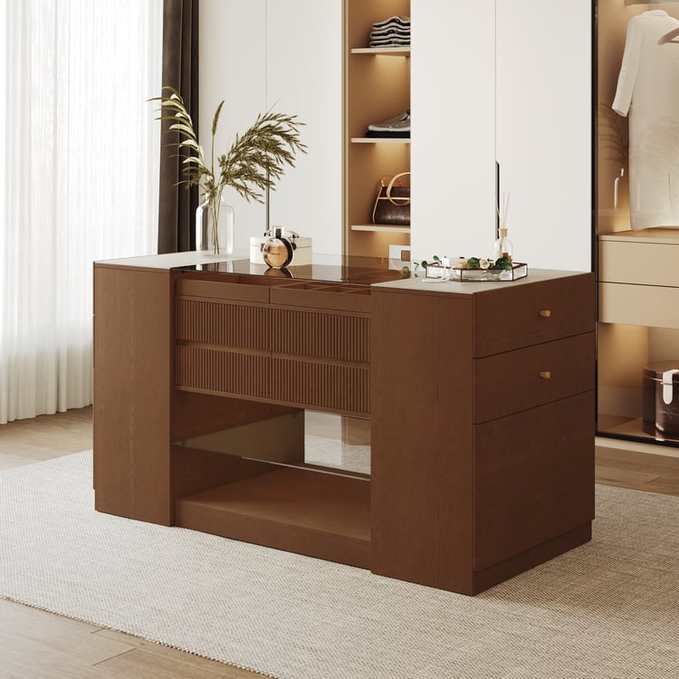 Îlot de dressing en noyer de 60 pouces avec plateau en verre et rangement à bijoux