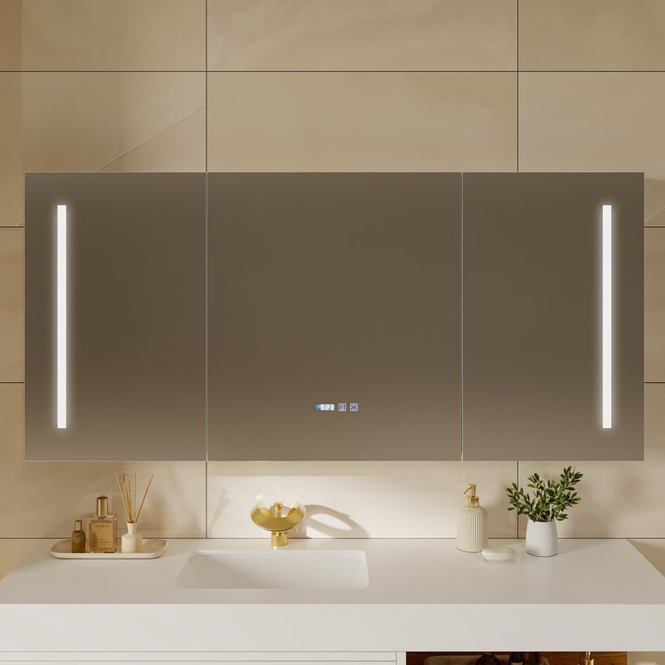 Armoire de toilette LED de 150 cm avec fonction anti-buée et éclairage tricolore dimmable