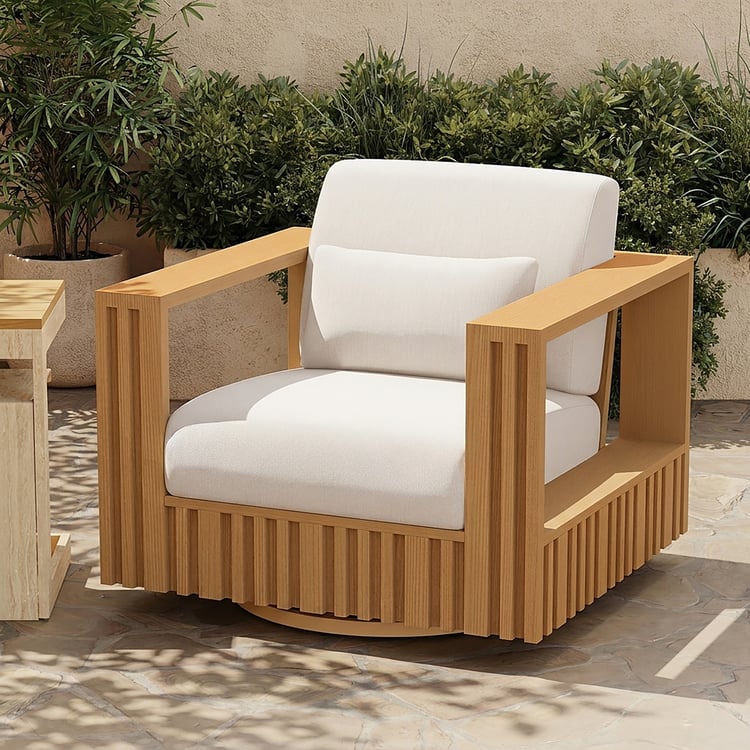 Fauteuil d'appoint pivotant à 360 degrés, cannelé, sculptural et moderne pour l'extérieur, en naturel