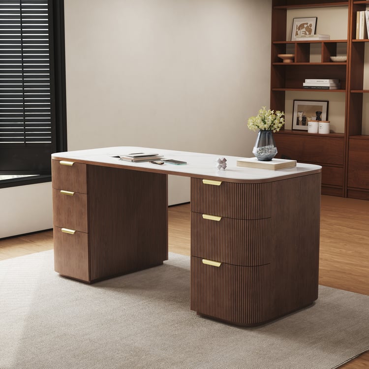Walnut Ash & Stone Desk, 6 Drawers, 63.8