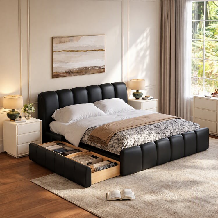 Humply Queen Black Faux Leather Storage Bed with Drawers