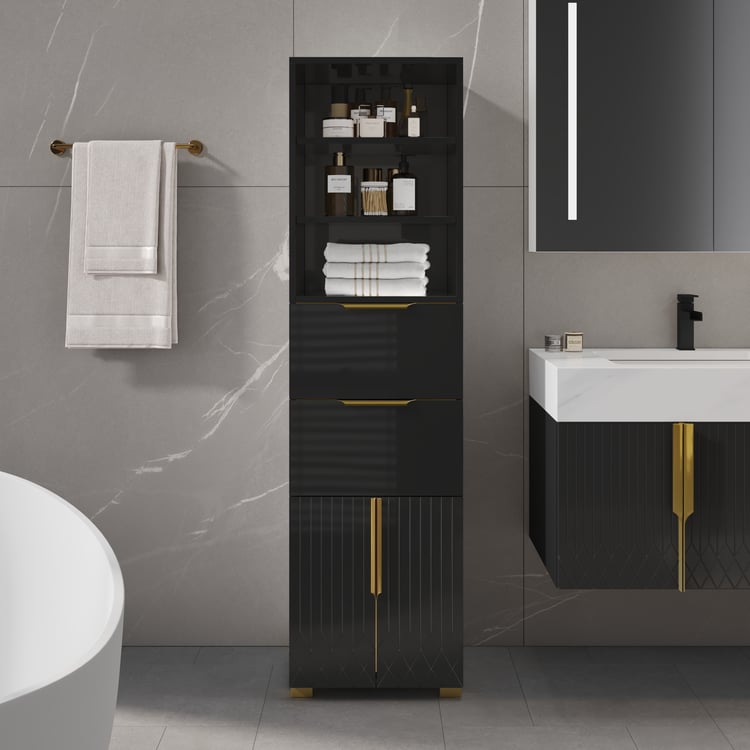 Armoire de rangement de salle de bain Aro 149cm, colonne de rangement sur pied avec étagères, tiroirs et portes