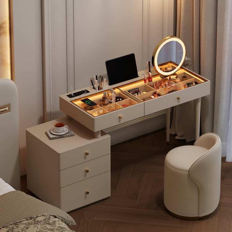 Ensemble de coiffeuse extensible Selvo en cuir sellier avec miroir LED et tabouret (120-157 cm)