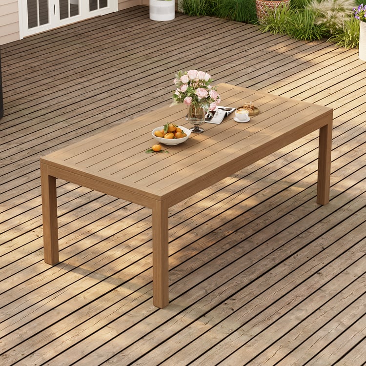 Table de salle à manger d'extérieur à lattes en aluminium finition noyer Wevara