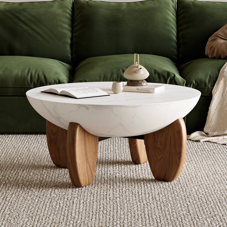 Curva Round Concrete Walnut Coffee Table with Wood Legs