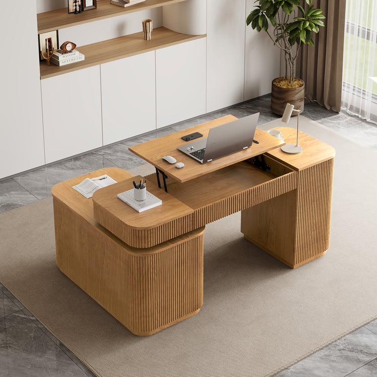 Bureau de direction naturel en L Velign de 65 po avec armoire latérale droite