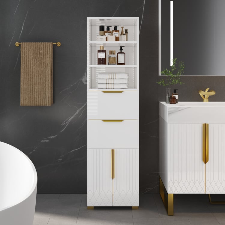 Meuble de rangement de salle de bain autoportant Aro de 150 cm avec étagères, tiroirs et portes