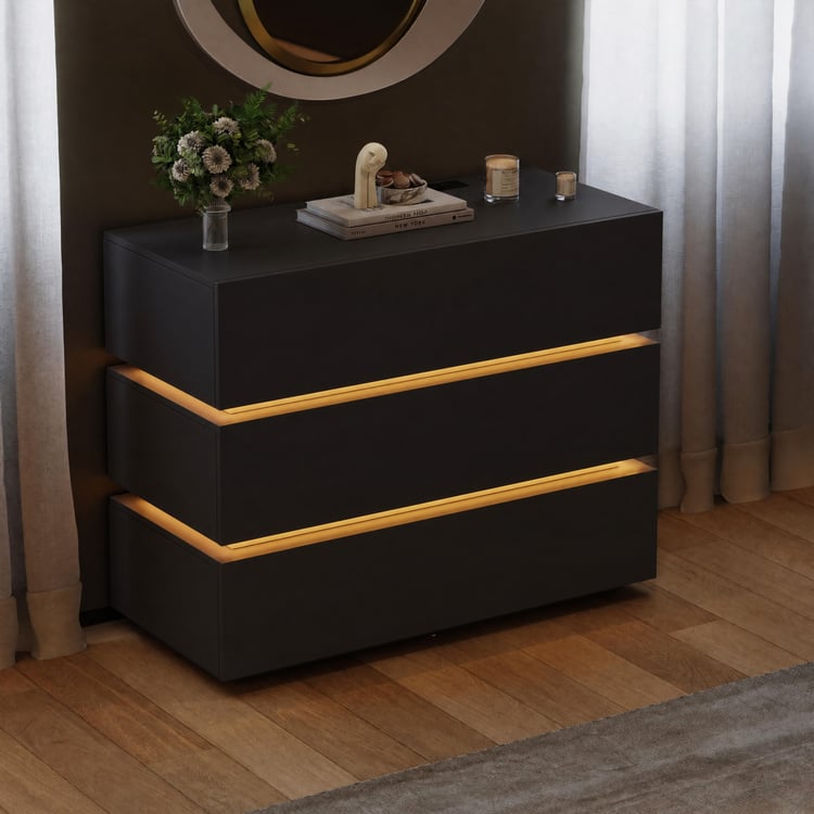 Lumio 39" Black 3-Drawer Dresser with Light and Charging StationHomary