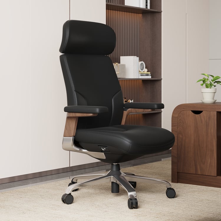 Chaise de bureau pivotante en cuir véritable noir avec système d'inclinaison synchrone ergonomique
