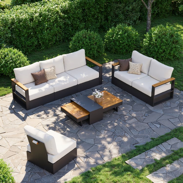 Tevara 6-Person Outdoor Sofa Set with Wood & Aluminum Frame, Dark Gray & Warm White