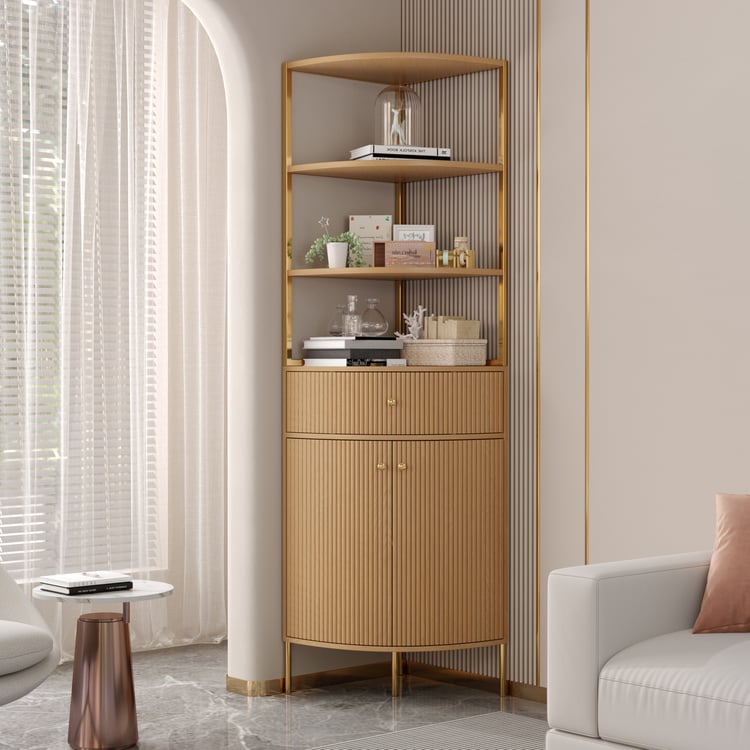 Modernes 190,5 cm natürliches Etagere-Eckregal mit Schublade und 2-türigem Schrank｜Homary DE