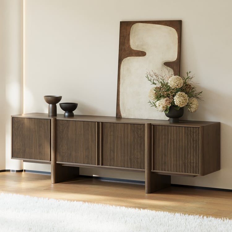 Meuble TV Lineva 203 cm en bois massif cannelé marron fumé avec armoires