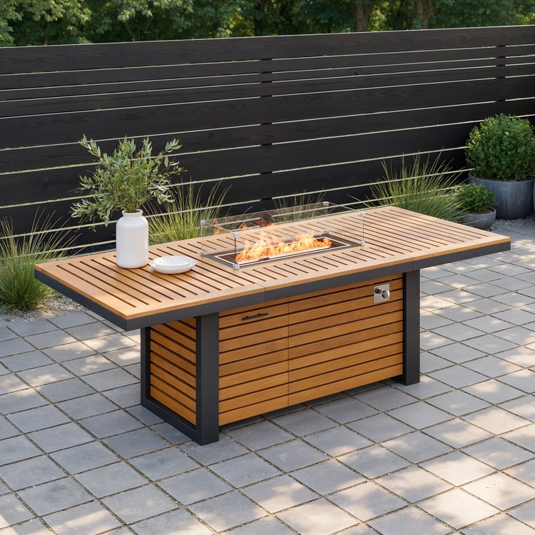 Table de salle à manger Tevara 95" avec foyer extérieur au propane, réservoir caché et pare-vent