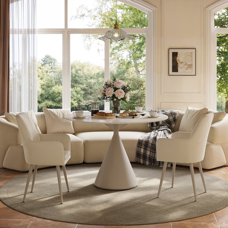 Table à manger ronde moderne en pierre frittée de travertin mat de 99 cm, 2 places