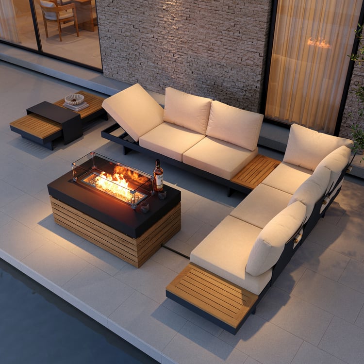 Tevara 5-Pieces Modular Teak Outdoor Sofa Set with Smokeless Fire Pit for 6 in Beige