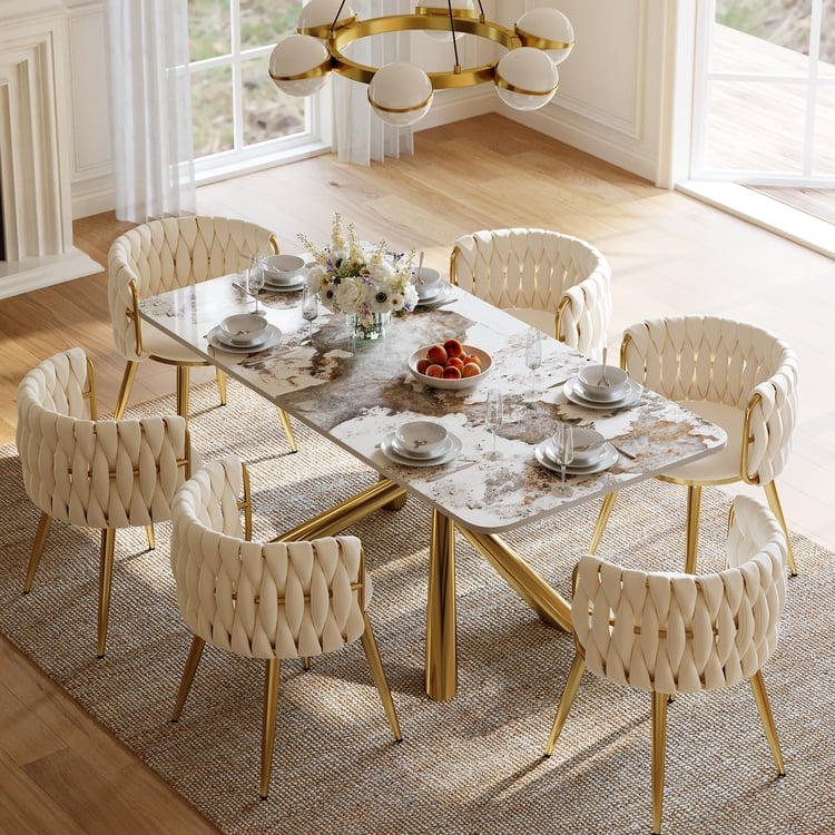 79" Glossy Pandora Sintered Stone Dining Set 6 Chairs | Homary