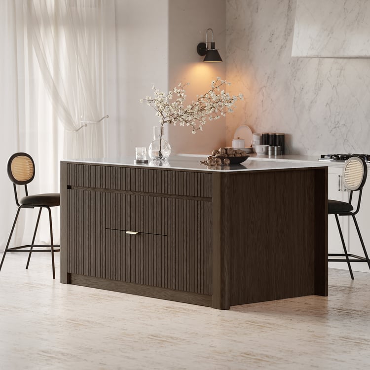 H28C21 ミッドセンチュリーモダン 大理石天板 キャビネット クロームメッキ Mid-Century Kitchen Island with Storage | Homary