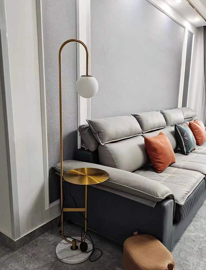 1500mm Modern Arc Floor Lamp with Shelf in Gold with Glass Shade & Marble Base featured image