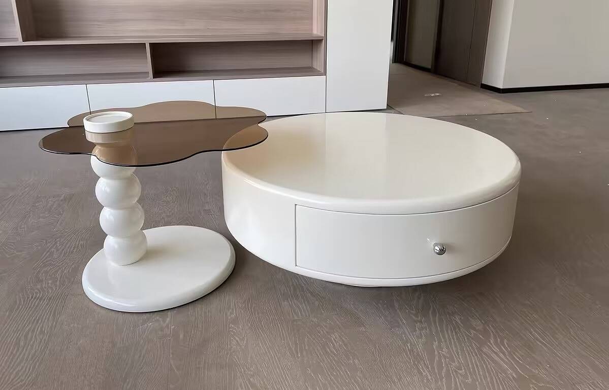 Modern Off-white Rotatable Coffee Tables 2-Piece Tea Glass Side Table with 2 Drawers
