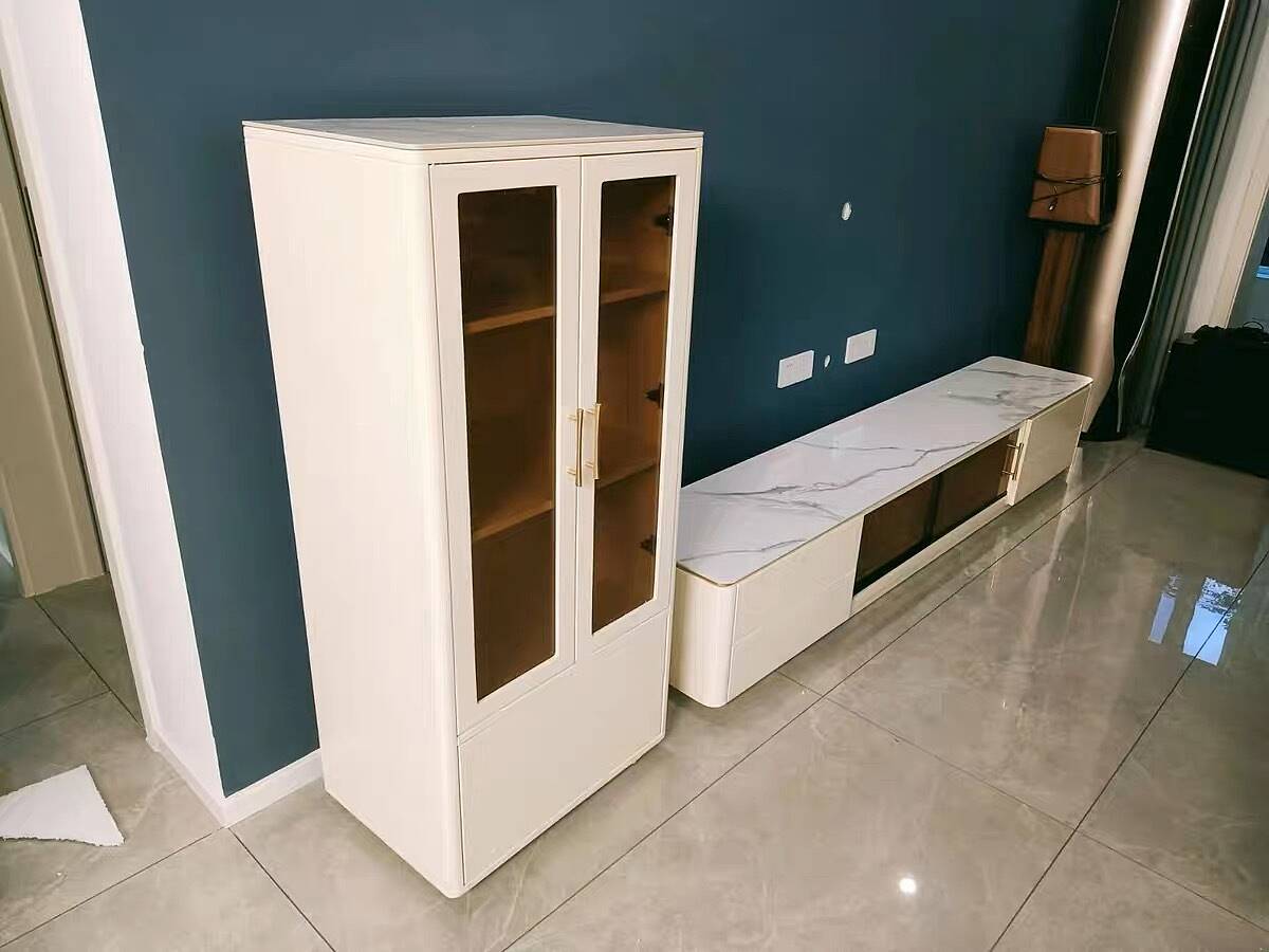85" White Wood Rectangle TV Stand Sintered Stone Top 4-Drawer Glass Doors Cabinet
