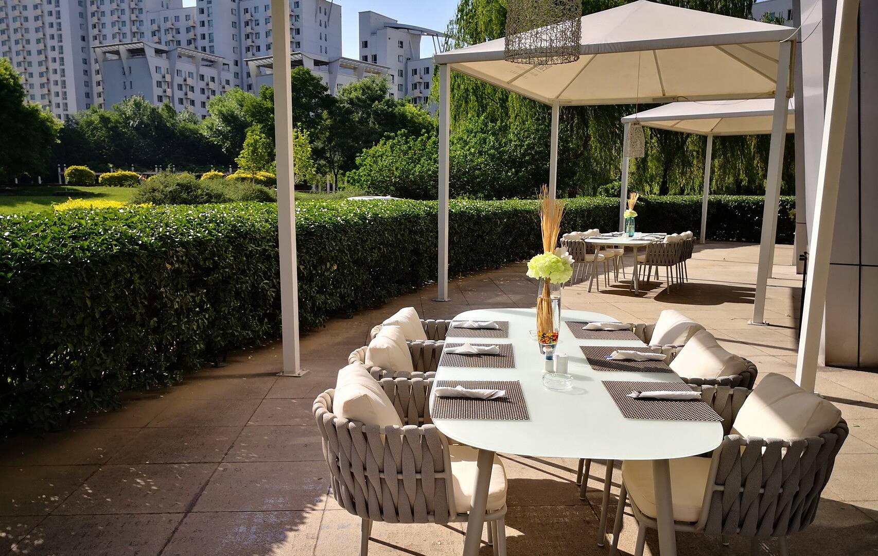7 Pieces 70.9'' Outdoor Faux Marble Top Dining Table Set with Rope Woven Armchairs