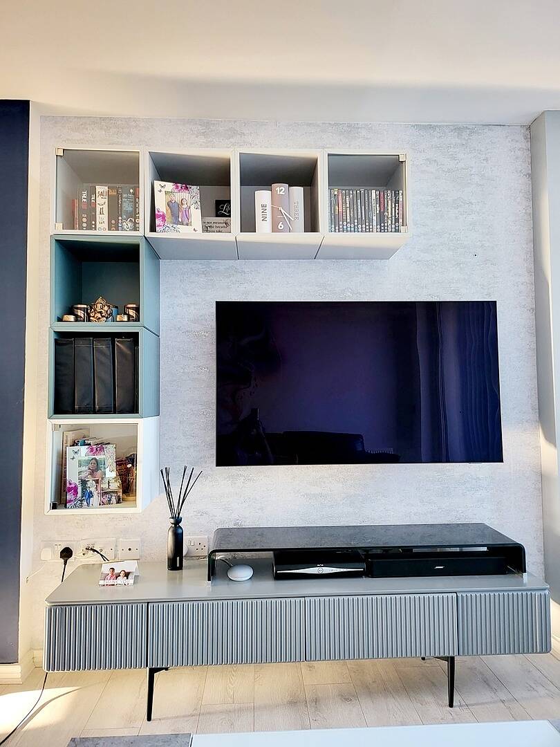 TV cabinet with ribbed front with 2 drawers of 180 cm in gray featured image